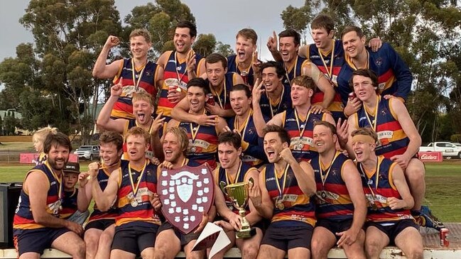 The Border Downs Tintinara Crows celebrate their 2021 Mallee Football League premiership. The club will depart for the River Murray Football League next season. Picture: Border Downs Tintinara Football Club