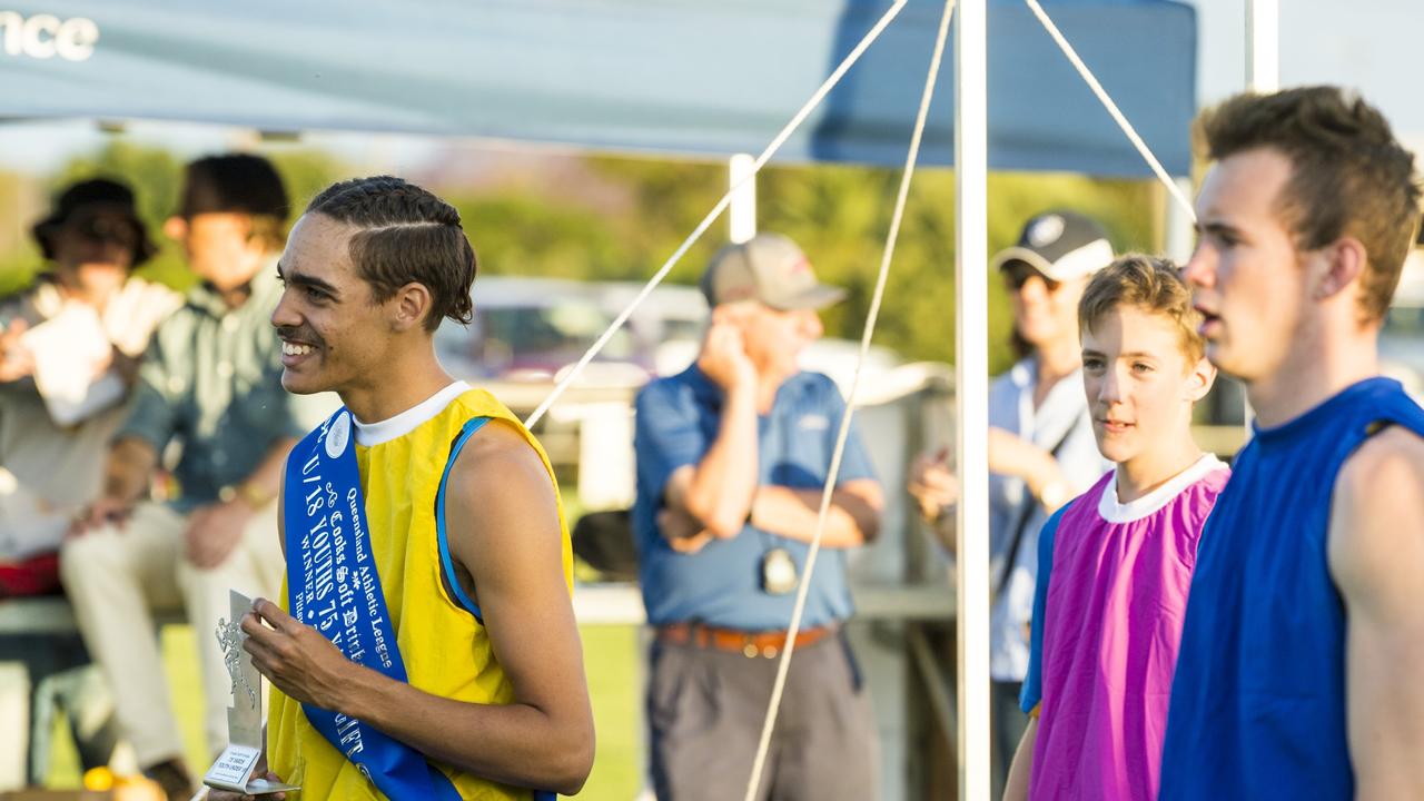 Toowoomba runner Leroy Dempsey after winning the U18 Youths 75 yards gift on 2021 Postle Gift Raceday at Club Pittsworth, Saturday, October 30, 2021. Picture: Kevin Farmer