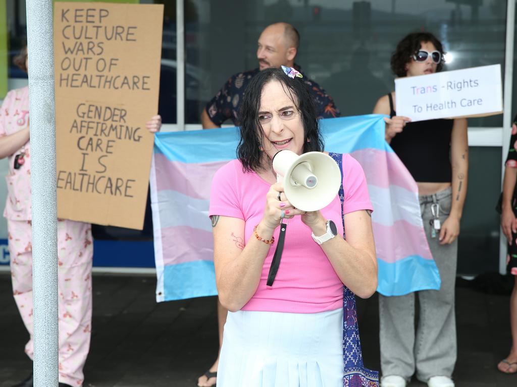 The trans community and supporting family members protest the State Government's pause on gender therapy including puberty blockers and hormone treatments. Wendy Ramsey led the rally on Wednesday, January 30, chanting "trans rights are human rights." Picture: Arun Singh Mann