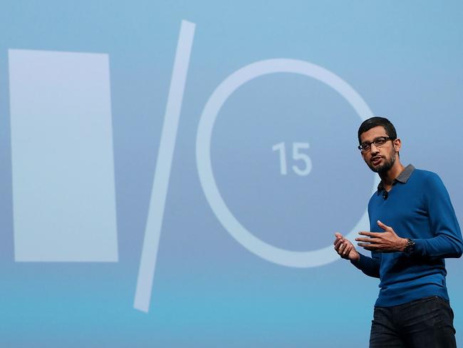 ‘The beginning of a journey’ ... Google senior vice president of product Sundar Pichai delivers the keynote address during the 2015 Google I/O conference. Picture: Justin Sullivan/Getty Images/AFP