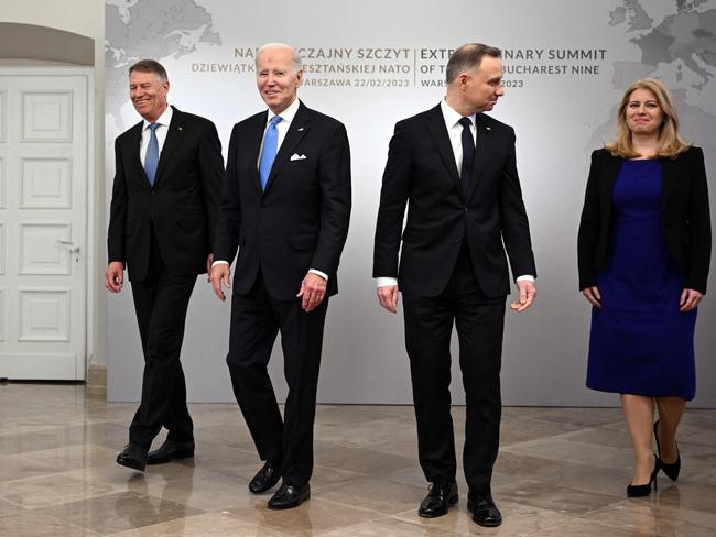 Joe Biden with the Polish President Andrzej Duda, Romanian President Klaus Iohannis and Slovakian President Zuzana Caputova at the Presidential Palace in Warsaw. Picture: AFP