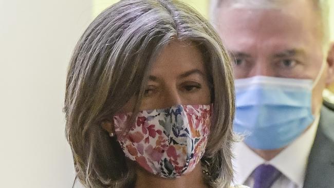 Chief public health officer Professor Nicola Spurrier and Health Minister Stephen Wade both wearing masks. Picture: NCA NewsWire / Roy VanDerVegt.