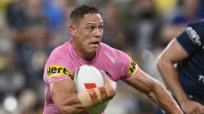 TOWNSVILLE, AUSTRALIA – JUNE 16: Scott Sorensen of the Panthers makes a break during the round 16 NRL match between North Queensland Cowboys and Penrith Panthers at Qld Country Bank Stadium on June 16, 2023 in Townsville, Australia. (Photo by Ian Hitchcock/Getty Images)