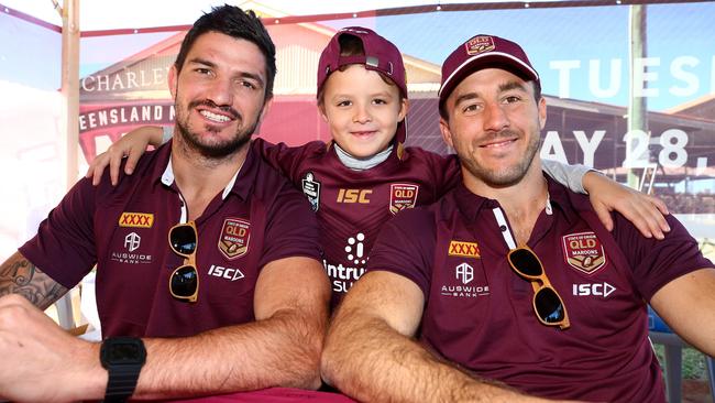 Malakai Thompson meets Maroons Matt Gillett and Ben Hunt. Image: Adam Head