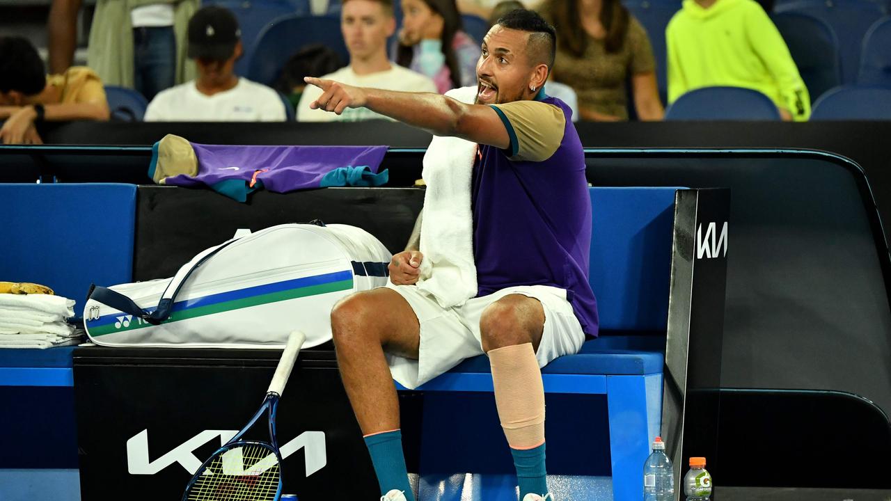 Nick Kyrgios gestures as he sits during a break while playing against Austria's Dominic Thiem. (Photo by Paul Crock/AFP)