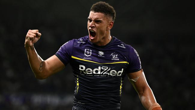 MELBOURNE, AUSTRALIA - MARCH 08:  Will Warbrick of the Storm  celebrates winning the round one NRL match between Melbourne Storm and Penrith Panthers at AAMI Park on March 08, 2024, in Melbourne, Australia. (Photo by Quinn Rooney/Getty Images)