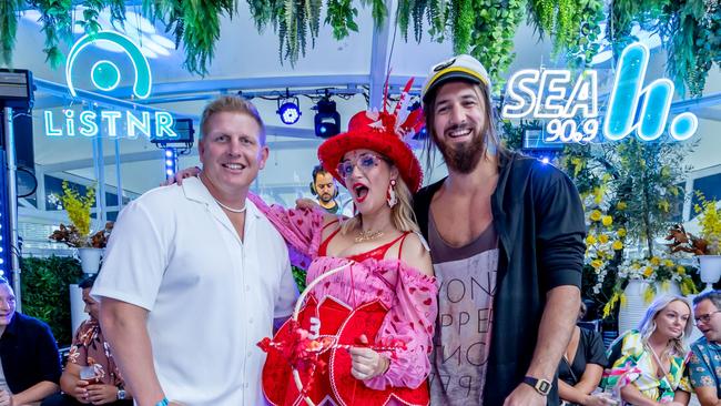 Ben Hannant, Bianca Dye and Danny Lakey at the Sea FM boat party. Picture: Luke Marsden.