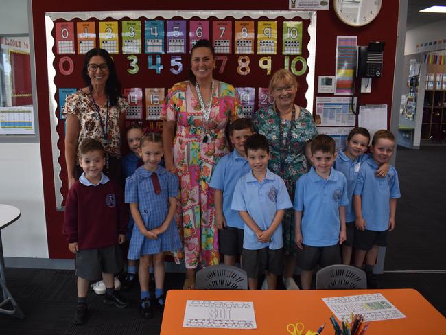 Teachers Ms Kate, Camille Johnson, Vicki McGrath and their Grade Prep students on the first day at St Gabriel's Primary School, Traralgon on January 30, 2025. Picture: Jack Colantuono