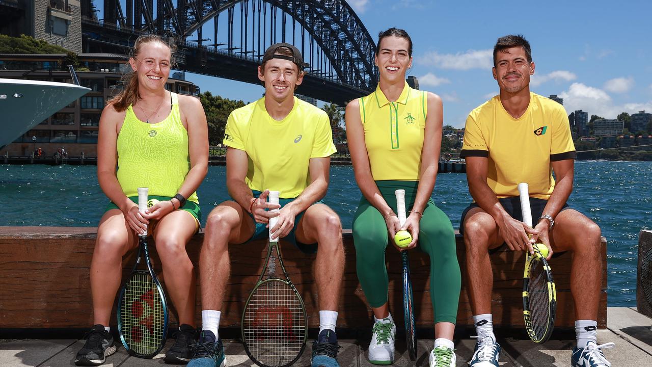 Members of Team Australia , Zoe Hives, Alex de Minaur, Ajla Tomljanovic and Jason Kubler. Picture: Justin Lloyd.