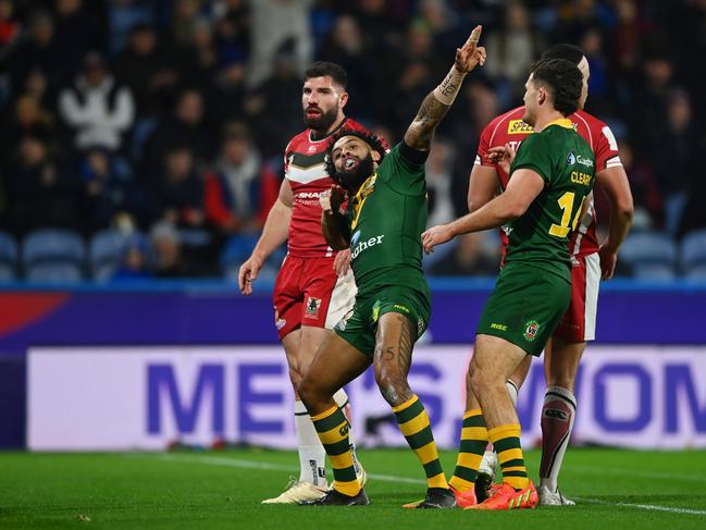 Josh Addo-Carr of Australia celebrates yet another try. Picture: Gareth Copley/Getty Images