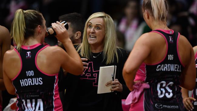 ADELAIDE, AUSTRALIA - APRIL 15: Tracey Neville assistant coach of the Thunderbirds during the round five Super Netball match between Adelaide Thunderbirds and Melbourne Vixens at Netball SA Stadium, on April 15, 2023, in Adelaide, Australia. (Photo by Mark Brake/Getty Images)