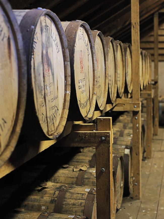 Barrels at the Nant distillery near Bothwell in Tasmania. Picture: Mathew Farrell