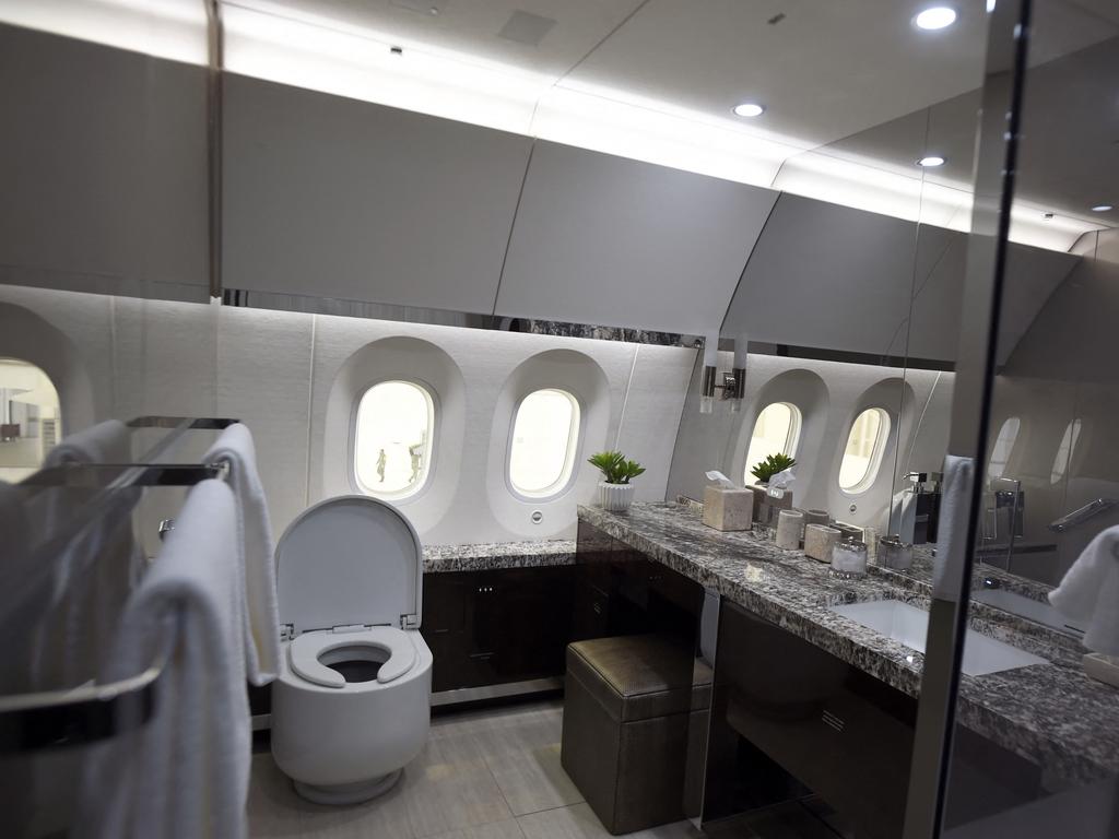 The plane is decked out with a full marble bathroom. Picture: Alfredo Estrella/AFP