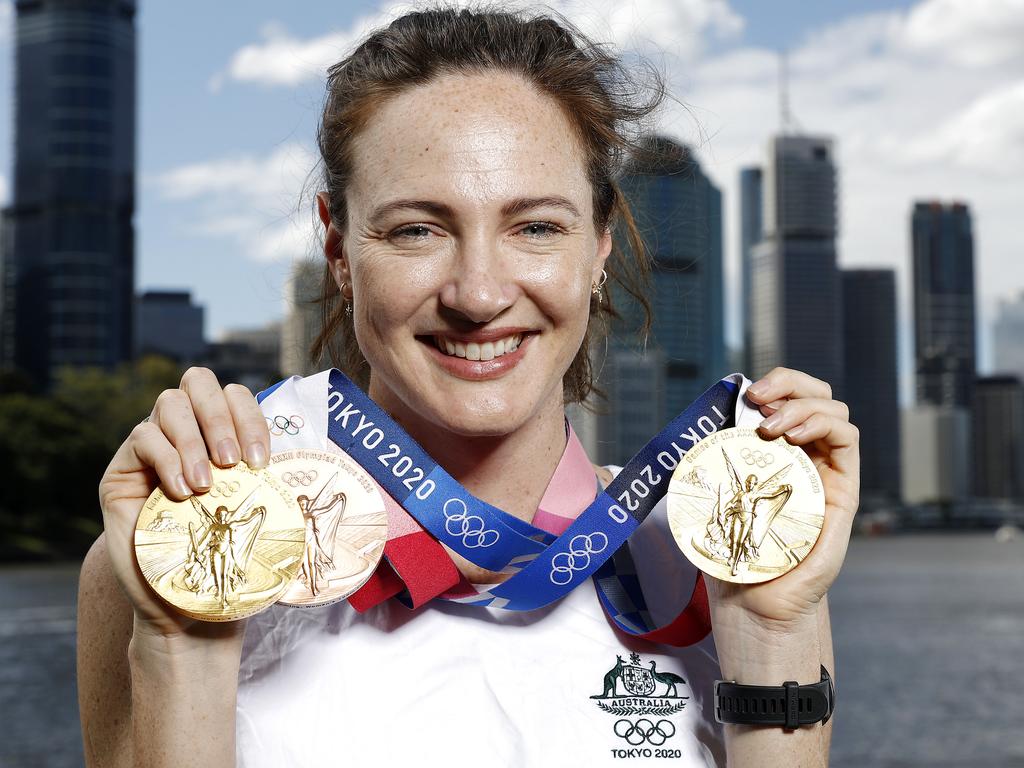 Cate Campbell at Kangaroo Point in Brisbane , showing off another Olympic medal haul. Will the Tokyo Games be her last, or will she swim through to Paris 2024? Picture: Josh Woning