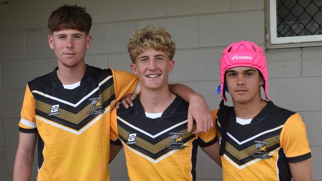Capricornia 14-15 years boys Cooper Johnston, Jet Fischer and Talan Branford at the Queensland School Sport rugby league state championships at Marley Brown Oval, Gladstone, on May 17, 2025.
