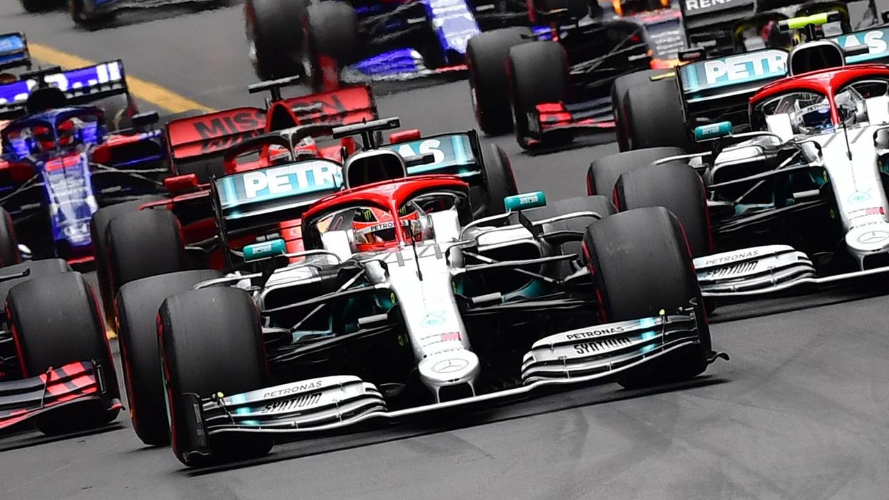 Mercedes' British driver Lewis Hamilton takes the lead at the start of the Monaco Formula 1 Grand Prix.