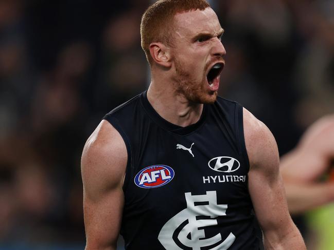 MELBOURNE, AUSTRALIA - August 27 , 2023. AFL .   Matthew Cottrell of the Blues celebrates a 1st quarter goal during the round 24 match between Carlton and the Greater Western Sydney Giants at Marvel Stadium in Melbourne, Australia.  Photo by Michael Klein.