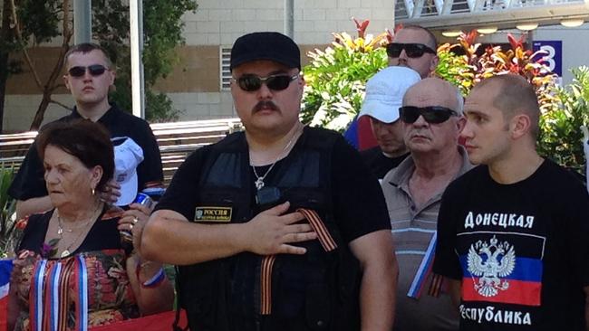 Pro-Russian protest leader Simeon Boikov (centre) demonstrates in Brisbane during the G20 summit. Boikov, a Cossack, is accused of travelling to Ukraine to recruit support for pro-Russian rebels.