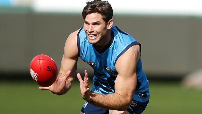 Tom Hawkins at Geelong training. Picture: Alison Wynd