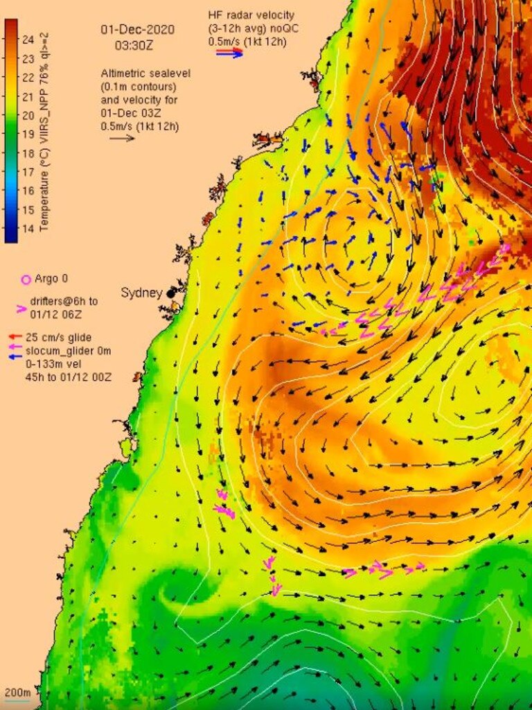 The red arrows show the drifters’ locations on December 1. Picture: UNSW