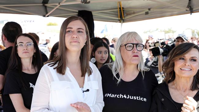 Brittany Higgins with Janine Hendry and Lisa Wilkinson at the Women's March 4 Justice Rally in Canberra. Picture: NCA NewsWire / Gary Ramage