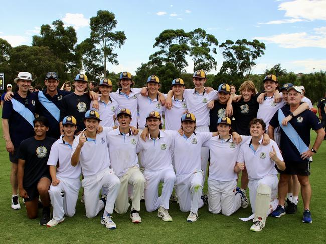 Camberwell Grammar First XI celebrate their premiership cricket triumph. Picture: Supplied.