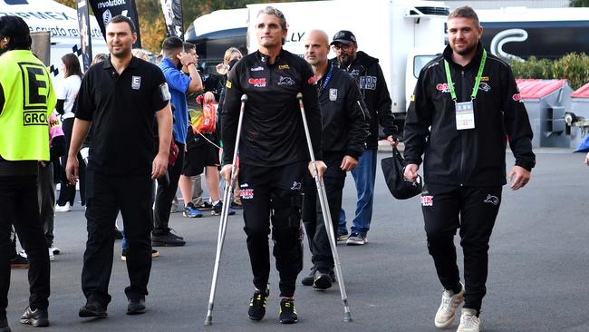 Panthers coach Ivan Cleary has been getting around on crutches.