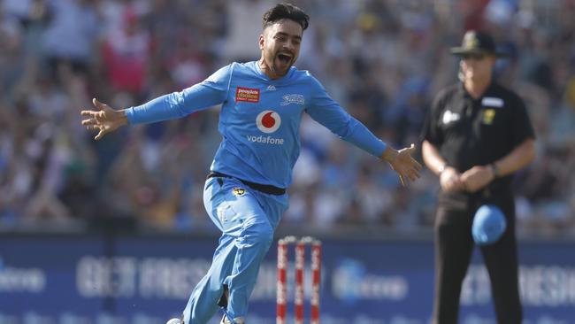 Star Strikers spinner Rashid Khan celebrates taking a hat-trick against the Sydney Sixers at Adelaide Oval in January. Picture: Kelly Barnes (AAP).