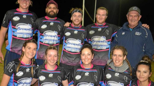 Brownlie Metre Eaters (back, from left) Mitch Watson, Lance McGrady, Harry Sullivan, Sam Broomhall, Mark Sullivan, (front) Jessica Carey, Nikki Burraston, Emma Hale, Madi Charles and Chrissy Marsh won the A-grade premiership in Warwick touch on Wednesday night. Picture: Gerard Walsh