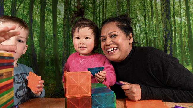 Number 10: Lekha Tandavoori from Virginia Park Child Care Association with Hugo, 3, and Stella, 2. Picture: Penny Stephens