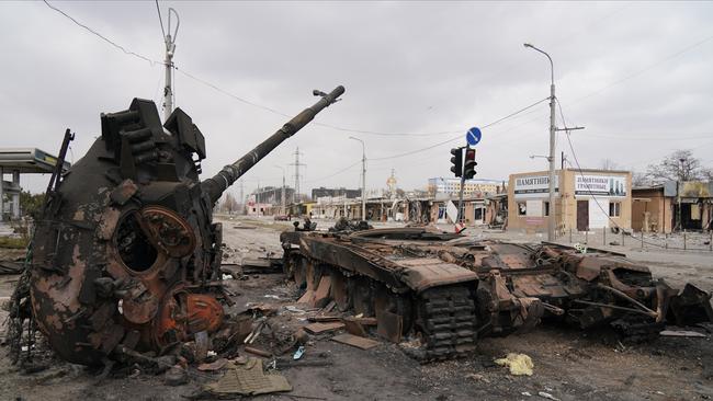 A wrecked tank is seen as civilians are being evacuated along humanitarian corridors from the Ukrainian city of Mariupol. Picture: Stringer/Anadolu Agency via Getty Images