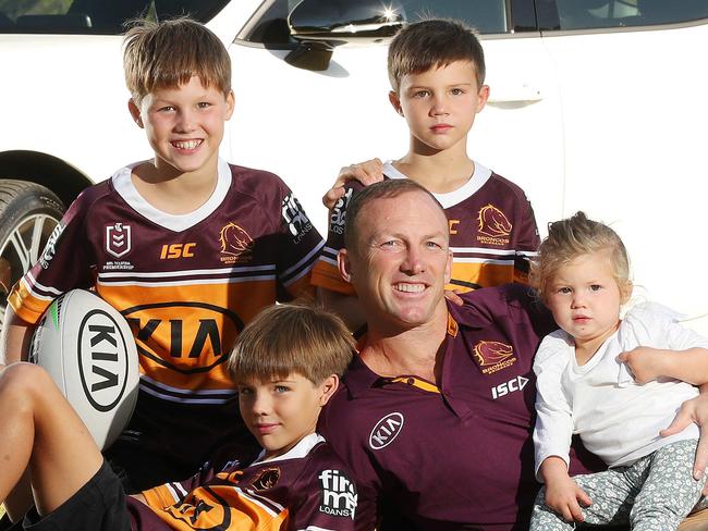 League legend, father of four and now KIA Motors brand ambassador Darren Lockyer filming an advert at New Farm Park with his sons Flynn, Sunny, Hugo, and daughter Cleo. Photographer: Liam Kidston.