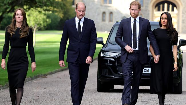 Catherine, Princess of Wales, Prince William, Prince of Wales, Prince Harry, Duke of Sussex, and Meghan, Duchess of Sussex on the long Walk at Windsor Castle arrive to view flowers and tributes to HM Queen Elizabeth. Picture: Getty