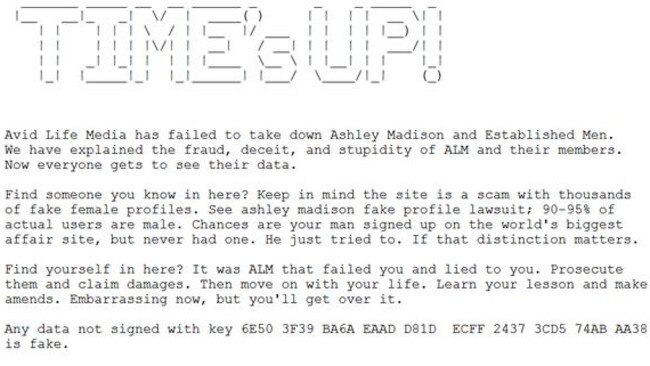 Hackers posted this message to Ashley Madison users.