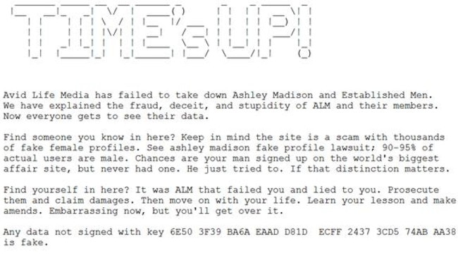 Hackers posted this message to Ashley Madison users.
