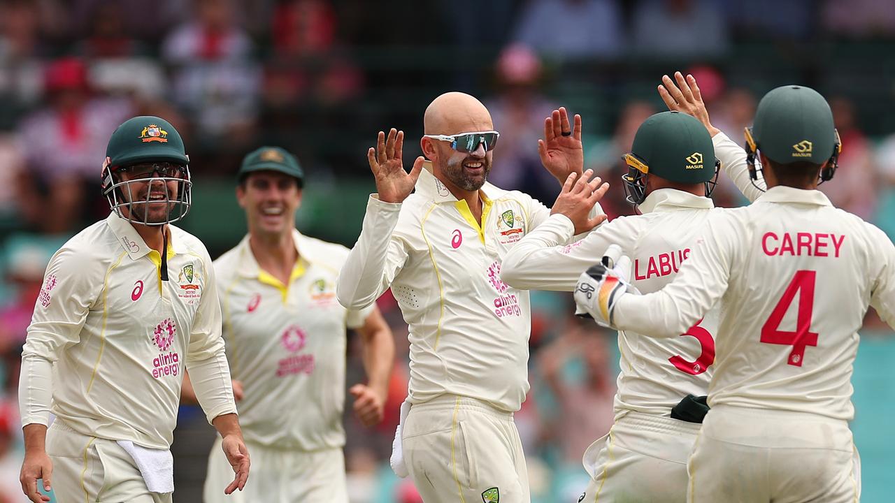 Nathan Lyon celebrates dismissing Sarel Erwee. Picture: Getty