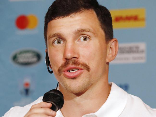 Russian rugby team's captain Vasily Artemyev speaks at a press conference in Tokyo Wednesday, Sept. 18, 2019, ahead of their Rugby World Cup match against Japan. (Yuki Sato/Kyodo News via AP)