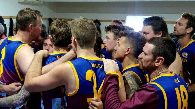 Jason Akermanis, bottom right, in his one off match for battling club Wahgunyah. Picture: Supplied Wahgunyah Facebook