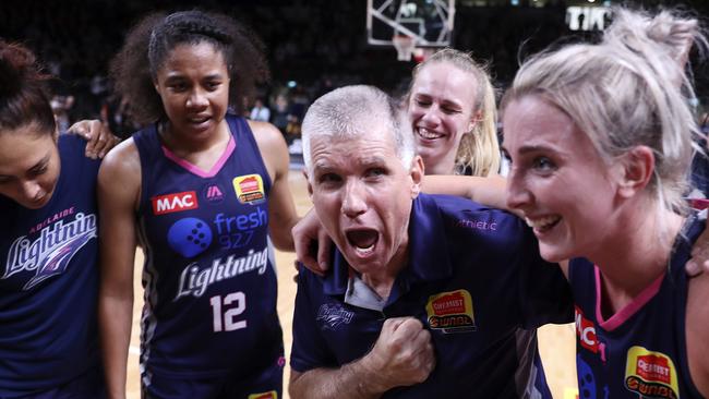 Chris Lucas overflows with emotion after the Adelaide Lightning beat the Canberra Capitals in game two of the WNBL grand final series at Titanium Security Arena. Picture SARAH REED