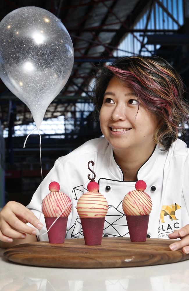 Masterchef's guest chef Christy Tania pictured with a sugar balloon desert that the contestants on the show had three hours to recreate. Picture: David Caird
