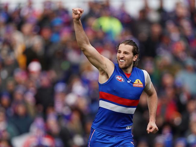 Marcus Bontempelli of the Bulldogs celebrates after kicking a goal during the Round 23 AFL match between the Western Bulldogs and the Adelaide Crows at Mars Stadium in Ballarat, Sunday, August 25, 2019.  (AAP Image/Scott Barbour) NO ARCHIVING, EDITORIAL USE ONLY