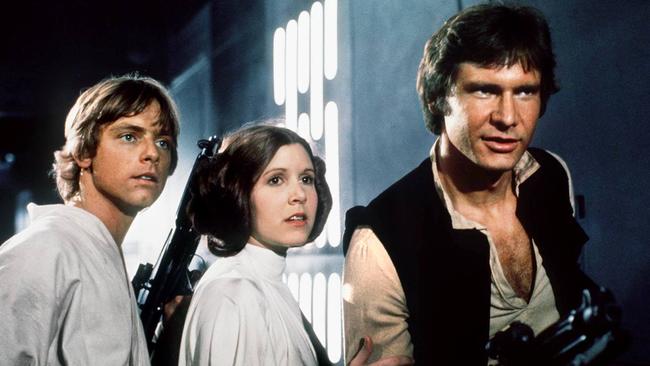 Mark Hamill, Carrie Fisher and Harrison Ford in Star Wars.