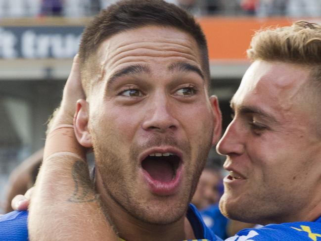 Parramatta captain Corey Norman gets a hug off Cameron King after their win during The Auckland Nines at Eden Park, Auckland, New Zealand. Pic Jenny Evans