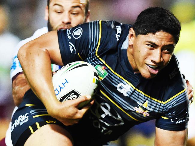 The North Queensland Cowboys v Manly Sea Eagles from 1300 Smiles Stadium, Townsville. Cowboys Jason Taumalolo makes a break and runs away for a try as Sea Eagles Brett Stewart attempts to tackle. . Picture: Zak Simmonds