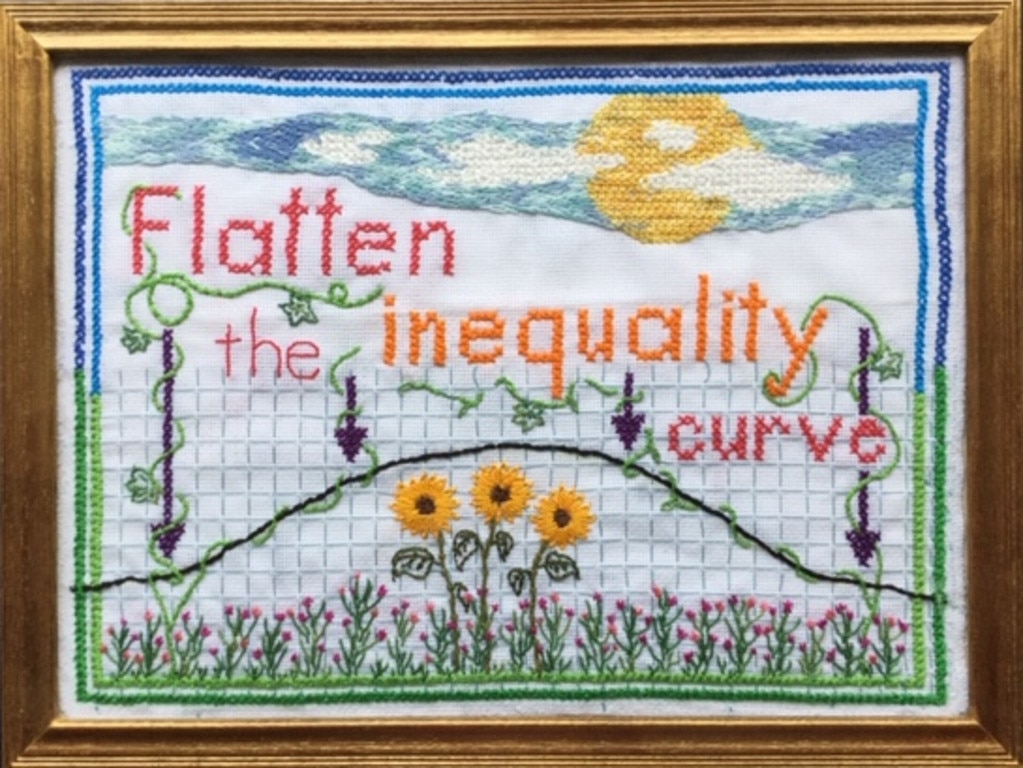 Stitch & Resist – Flatten the inequality curve, stitched by Gwenda, words by Monica and Gwenda.