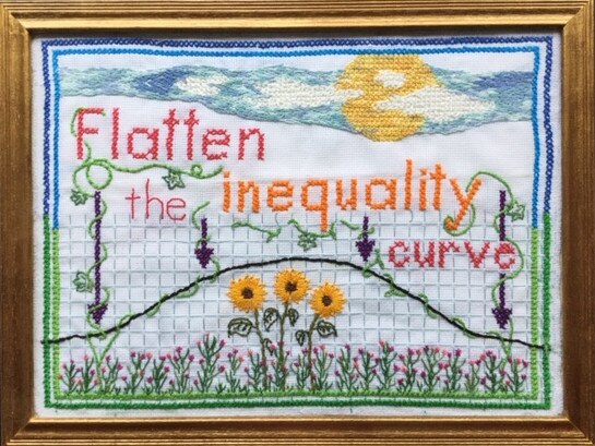 Stitch & Resist – Flatten the inequality curve, stitched by Gwenda, words by Monica and Gwenda.