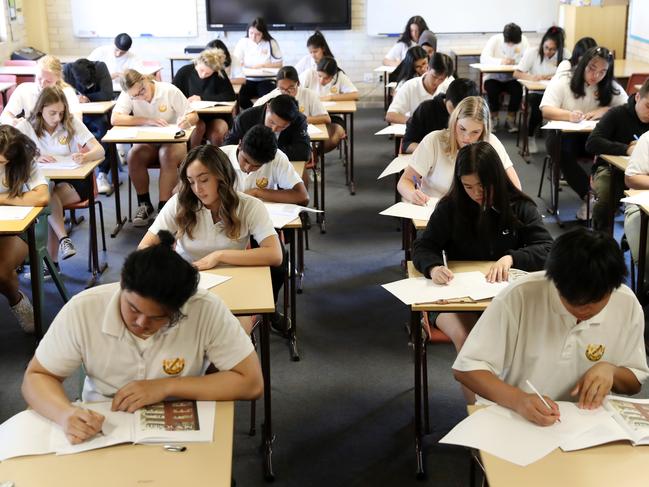 St Marys Senior High School students during the first day of the HSC exams. Picture: Jonathan Ng