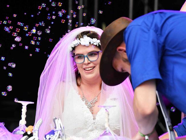 Simone Ward and Geoffrey Borninkhof, were married on The Hill Stage at Gympie Music Muster. Picture: Patrick Woods.