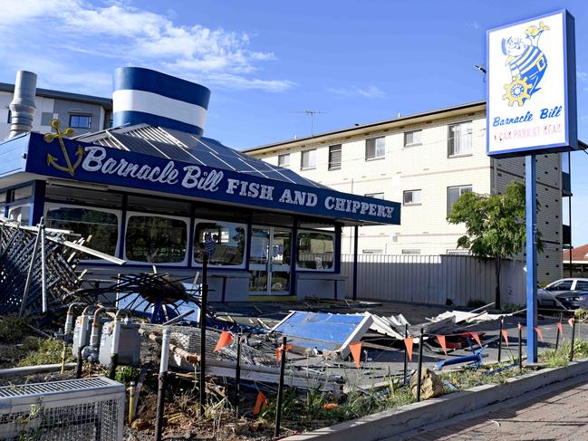 The scene where a drunk woman ploughed through a fence and smashed into cars and outdoor furniture at Barnacle Bill in Plympton. Picture: NCA NewsWire / Naomi Jellicoe