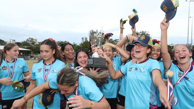 The Keebra Park Girls year 9-10 division one team celebrate a nailbiting win against Mabel Park... Picture Glenn Hampson